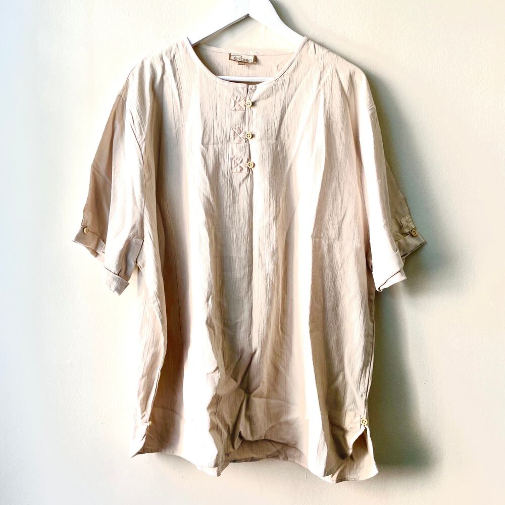 Bohio Natural Color Cotton Crewneck Half Button, Short Sleeve Top Blouse - XXL